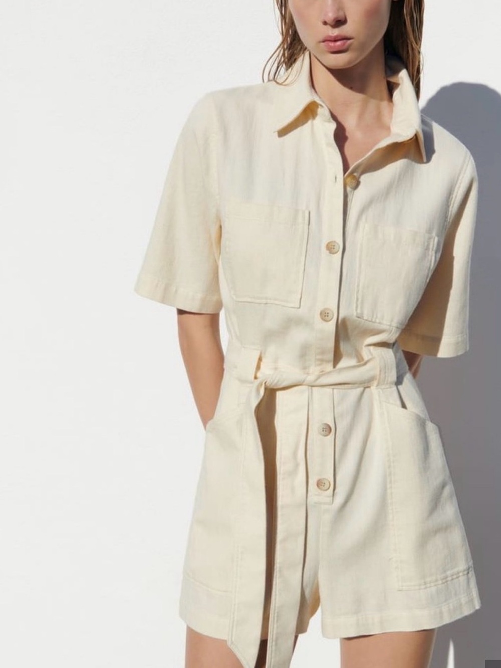 Zara Cream Short-Sleeve Button Romper